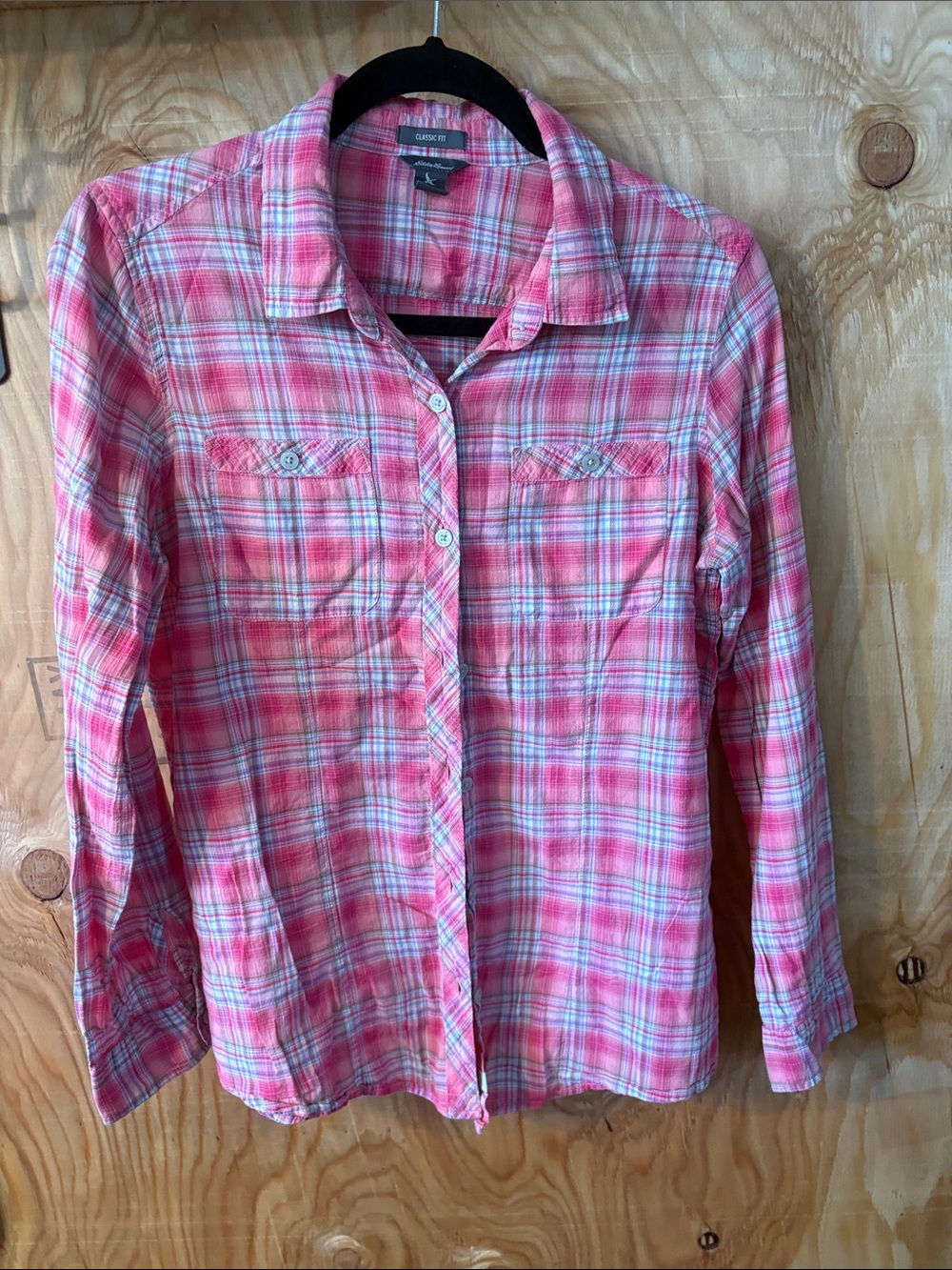 Eddie Bauer Pink Plaid Long-Sleeve Button-Down Shirt